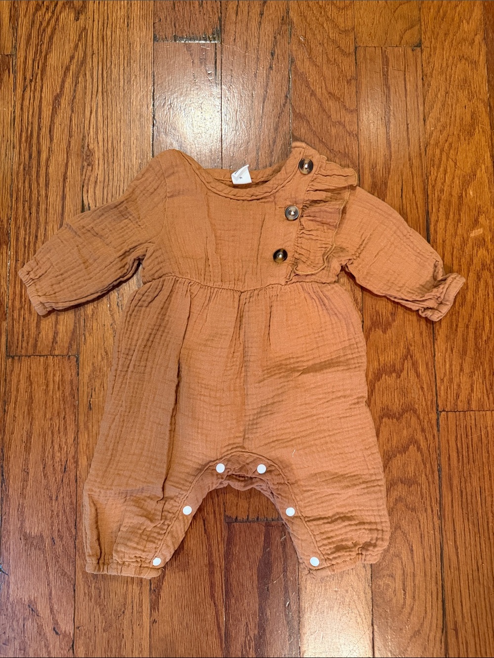 SHEIN Rust-Colored Gauze Ruffle Snap Romper